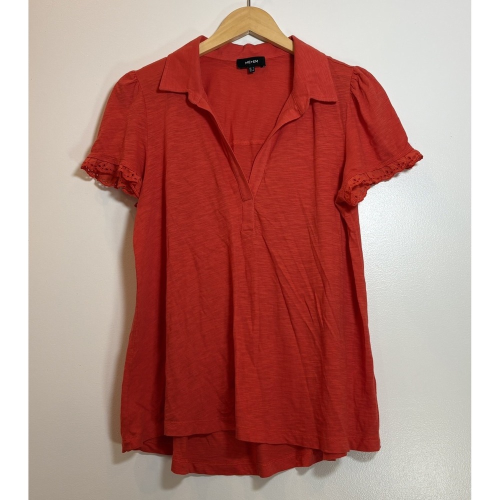 ME+EM Red Slub Jersey‎ Polo Top Eyelet Lace Puff Sleeve V-Neck US 4 UK 8 Casual